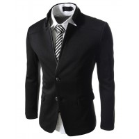 Mens Black Wool Coat with Imitation Leather Color Style